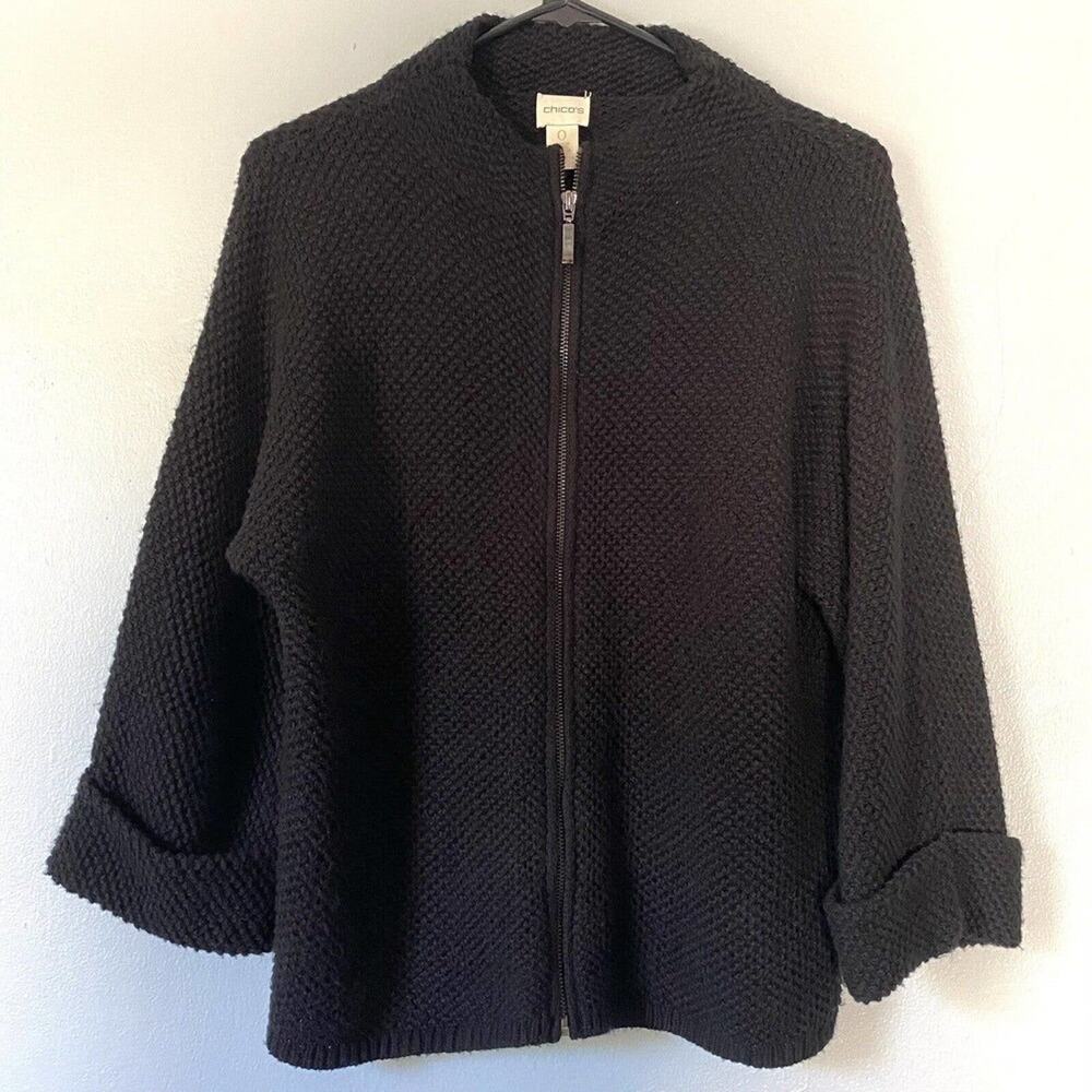 Chico Sweater Size O Small Black Waffle Knit Cardigan 3/4 Cuff Sleeves Full Zip